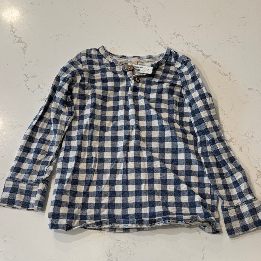 Childhoods blue gingham check Henley Long Sleeve Shirt